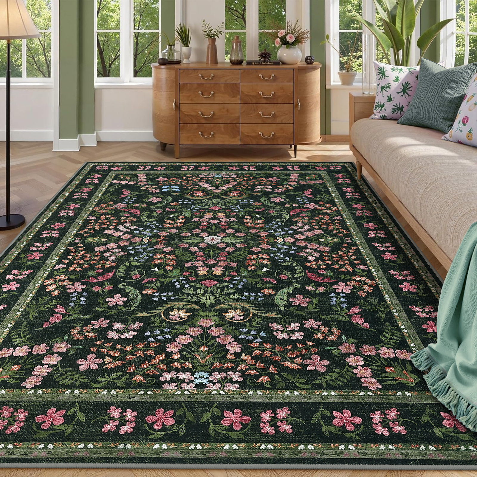 Washable Area Rug, Boho Floral Soft Rugs for Living Room, Non Slip Low Pile Carpet for Bedroom, Dining Room, Nursery, Hallway, Green