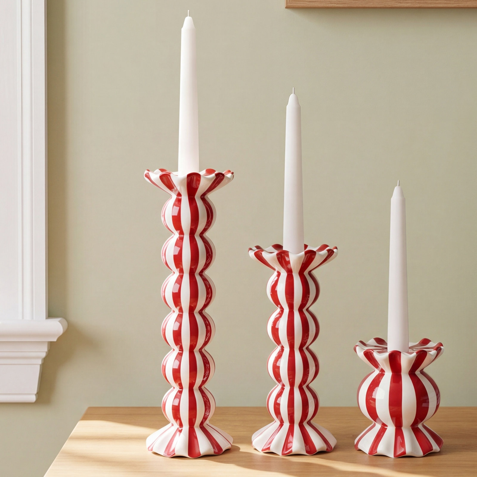 Red Stripe Ruffle 3-Piece Candlestick Set