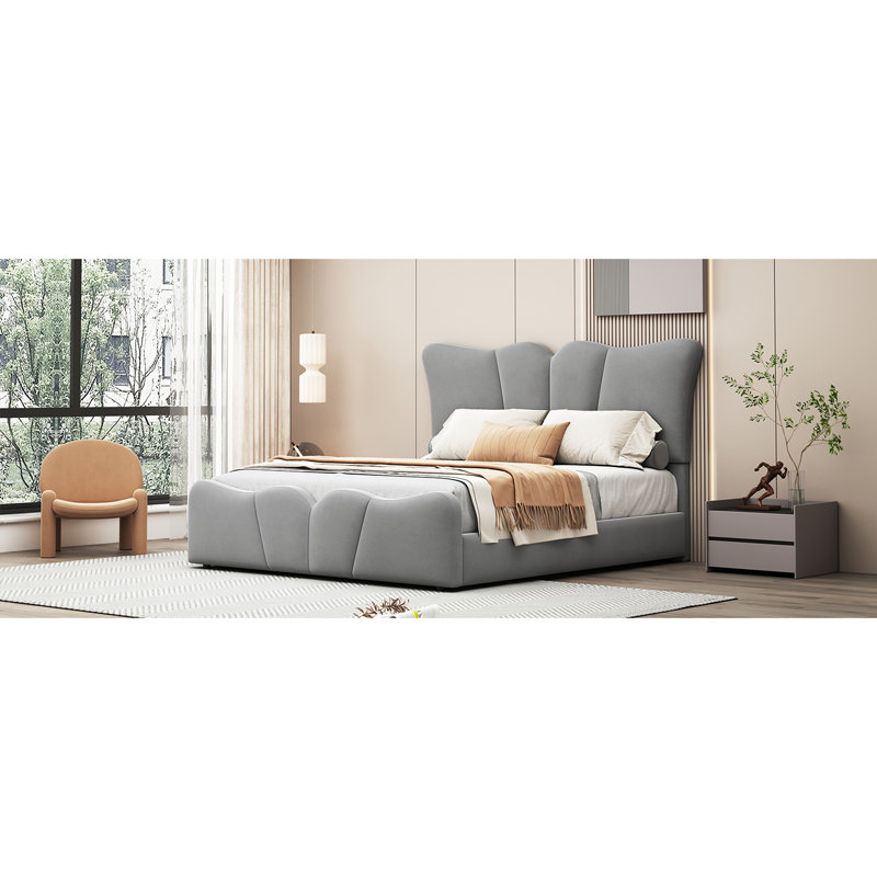 Lit plateforme tapissier en velours, Gris, Lit double