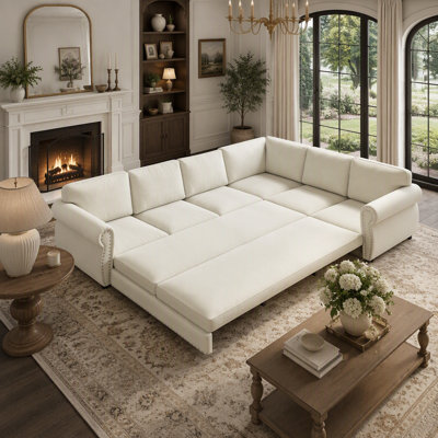 Canapé en L 118 po avec lit escamotable, canapé-lit convertible surdimensionné avec garniture cloutée et accoudoirs roulés, canapé modulaire revêtu de chenille, bureau, beige / blanc