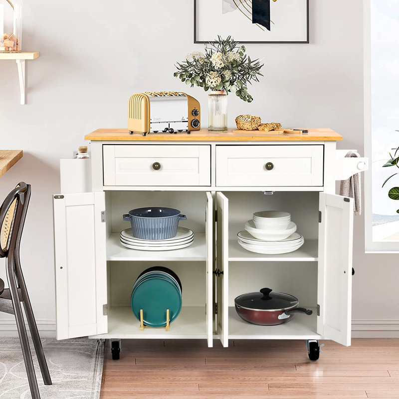 43.3'' Wide Rolling Kitchen Island with Storage and Solid Wood Top, White