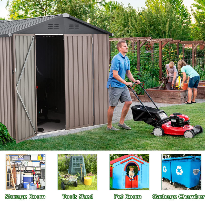 AECOJOY 7' x 7' Brown and Gray Metal Storage Shed