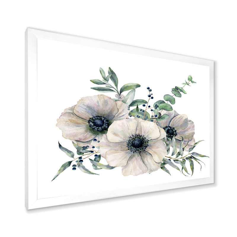 Bouquet d'anémones blanches avec feuilles d'eucalyptus - Peinture sur toile, H 24 po x l 32 po x P 1 po, Cadre photo blanc