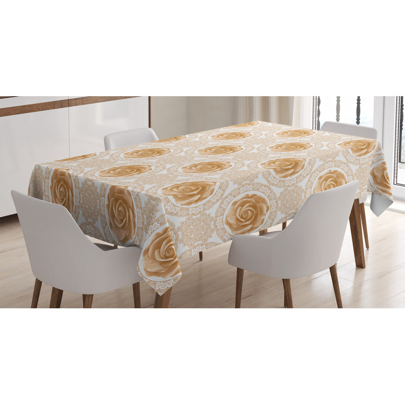 Ambesonne Flower Tablecloth, Vintage Rose Pattern Baroque Inspired Dated Royal Circle Ornate Motifs Print, Rectangular Table Cover For Dining Room Kitchen Decor, 52" X 70", Pale Brown White