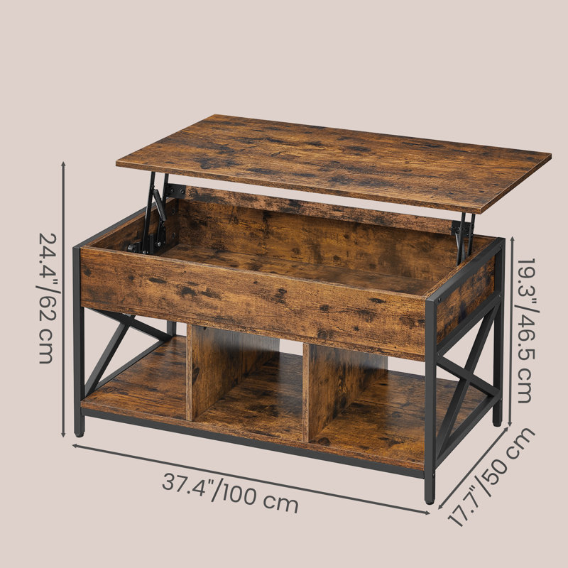 Corrine Lift Top Extendable Coffee Table With Storage, Rustic Brown, 24.4" H x 39.4" L x 19.7" W