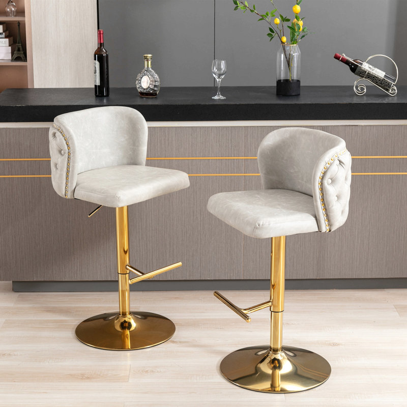 Swivel Barstools Adjusatble Seat Height, Modern Pu Upholstered Bar Stools With The Whole Back Tufted（Set Of 2）, White, Gold