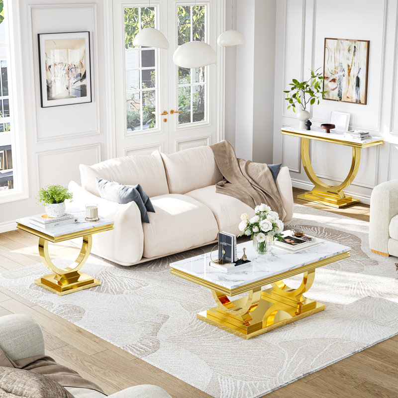 Console moderne 46,85 po en faux marbre avec base, Blanc, Or