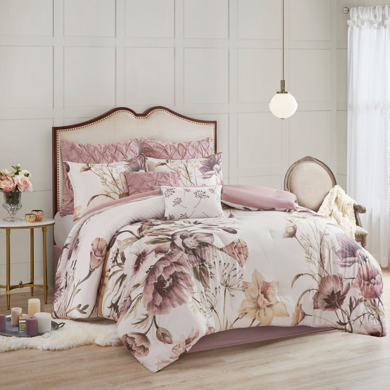 8 Piece Printed Comforter Set Blush