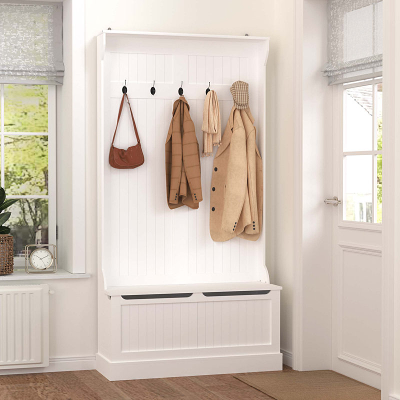 Entryway Bench with Standing Coat Rack, Hall Tree with Shoe Storage Bench, Entryway Organizer with 5 Hooks, White