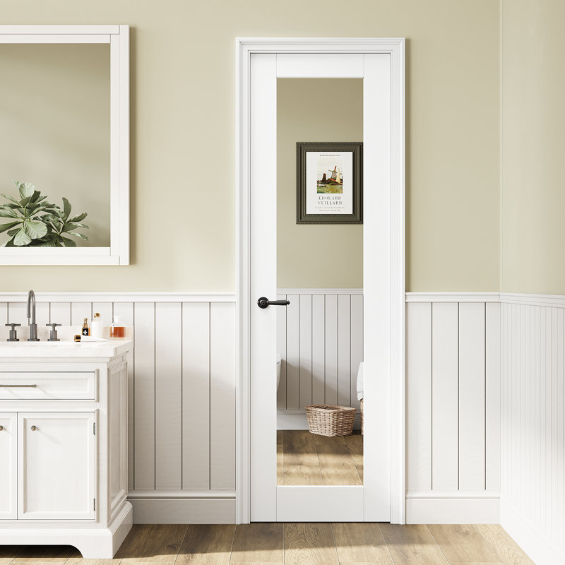 Porte pleine pleine dalle de miroir, dalle de porte intérieure en miroir, panneau de porte arrière solide de miroir avant, blanc apprêté / préfini, porte française à noyau solide, porte de salle de bain, porte de placard