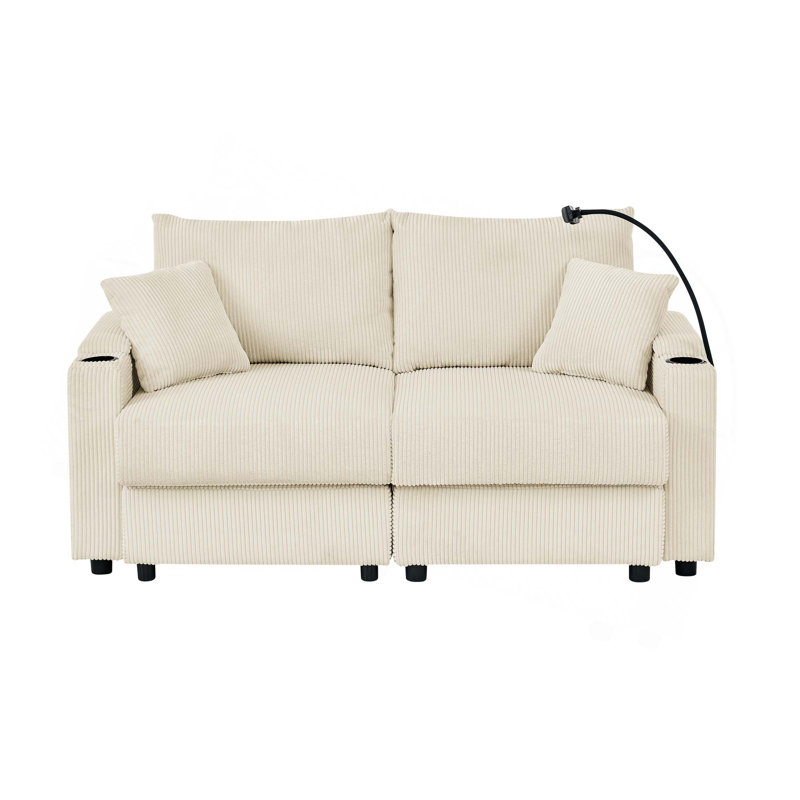 Causeuse moderne avec rangement, canapé à assise profonde avec porte-gobelets et porte-téléphone en velours côtelé pour le salon