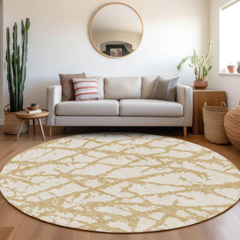 Premium Machine Washable Prisco Gold Rug, Round 8'