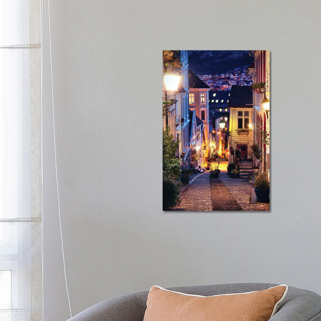 Bergen Cobblestone Street at Night by Florian Olbrechts - Wrapped Canvas Photograph