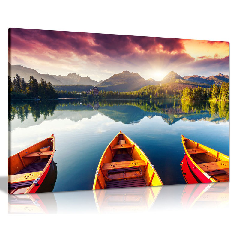Mountain Landscape Lake Sunset Three Boats Trees - Wrapped Canvas Print, 20cm H x 31cm W