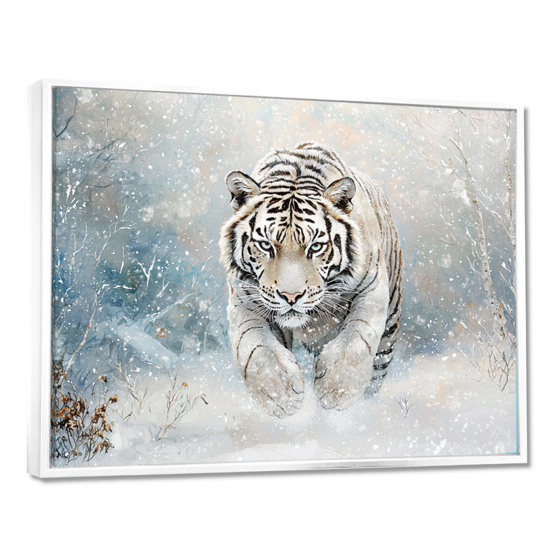 Tigre du Bengale blanc en hiver I - impression murale de tigre, H 16 po x l 32 po, Reproduction avec cadre flottant, Blanc