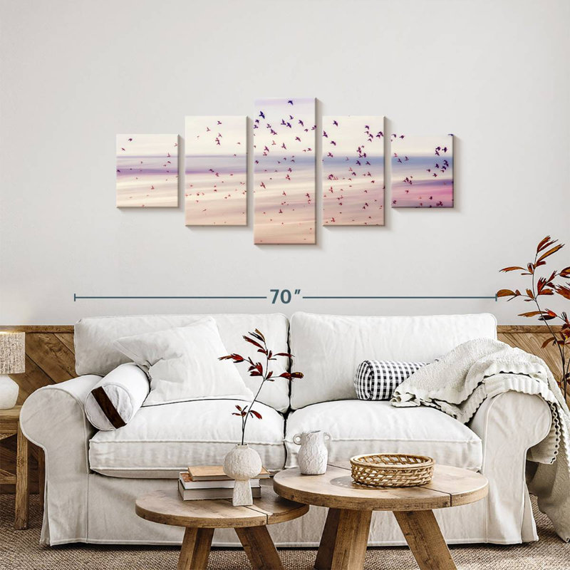 Oiseaux et ciel abstrait, H 24 po x l 55 po