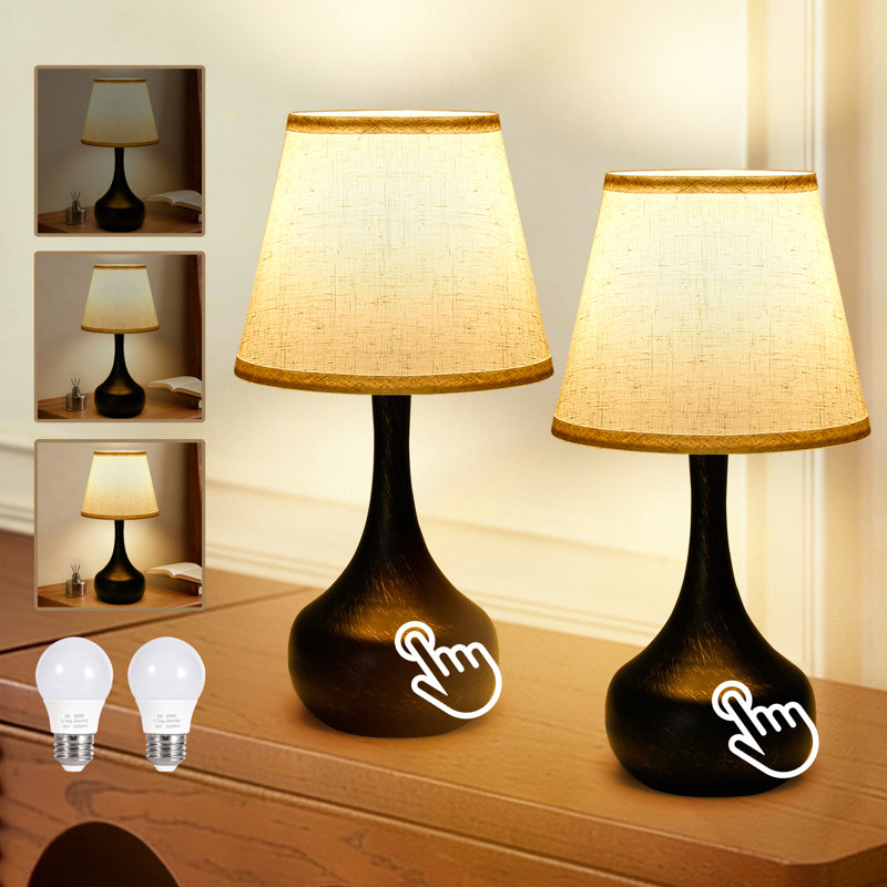 17.3" Modern Touch Table Lamps Set Of 2, 3-way Dimmable Bedside Lamps With Beige Linen Shade And Metal Base, Led Bulbs Included