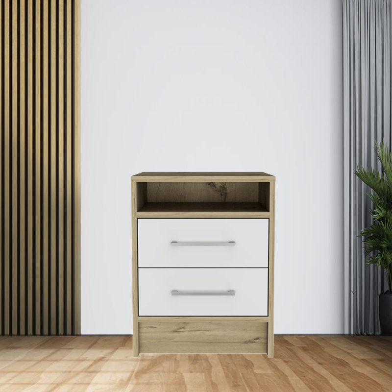 Eter Nightstand, Superior Top, Two Drawers and Open Shelf, Light Oak/White