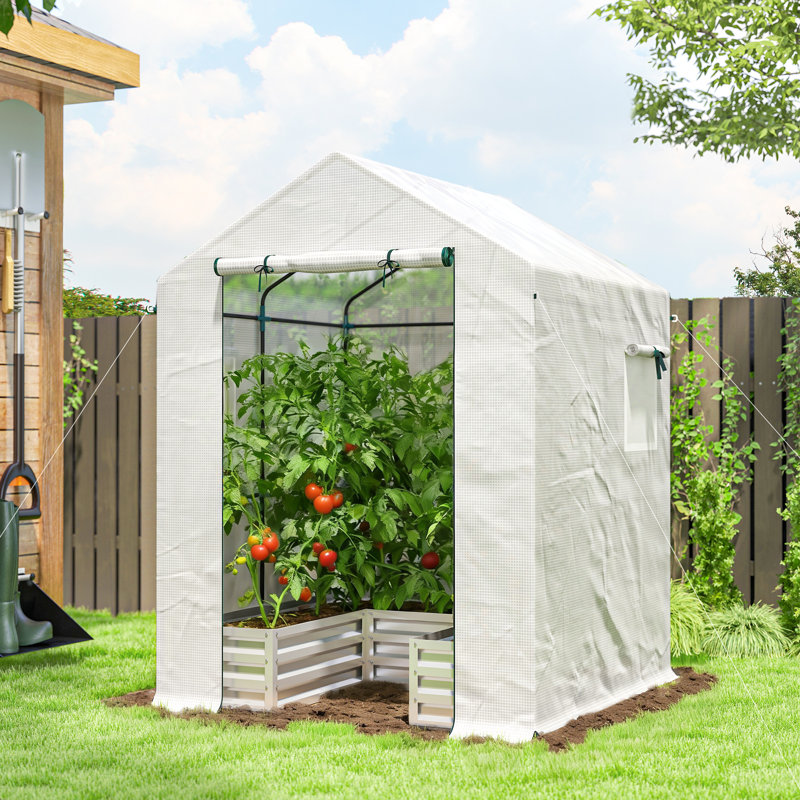Small Greenhouse with Raised Garden Bed 141 x 141 x 190 cm, White