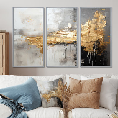 Emerging Shadow White Grey Black Gold - Abstract Wall Art Decor Set
