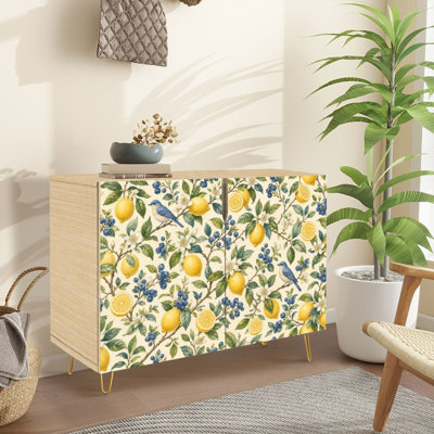 Sideboard Buffet Cabinet with Storage Blue Birds Lemons Blueberries Botanical Watercolor Seamless Floral with 2 Doors for Living Room and Kitchen