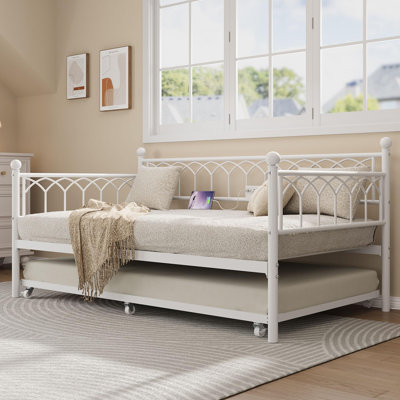 Heavy Duty Twin Daybed with Pop-Up Trundle - Metal Sofa Bed Frame, Built-in Charging Station & LED Lights, Space-Saving Platform for Bedroom, Living Room, Guest Room, Apartment - Easy Assembly - White