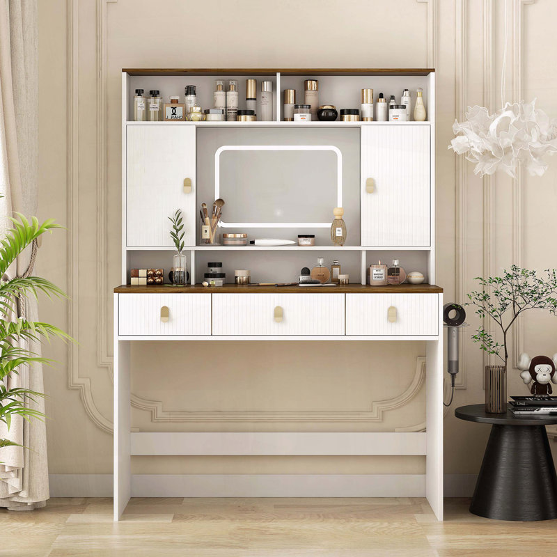 Coiffeuse Farmhouse avec miroir lumineux et rangement