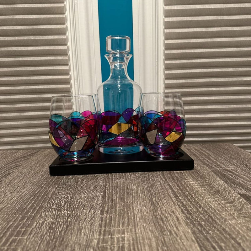 Artisanal Hand-Painted Multicolor Glass Decanter Set with Wooden Base