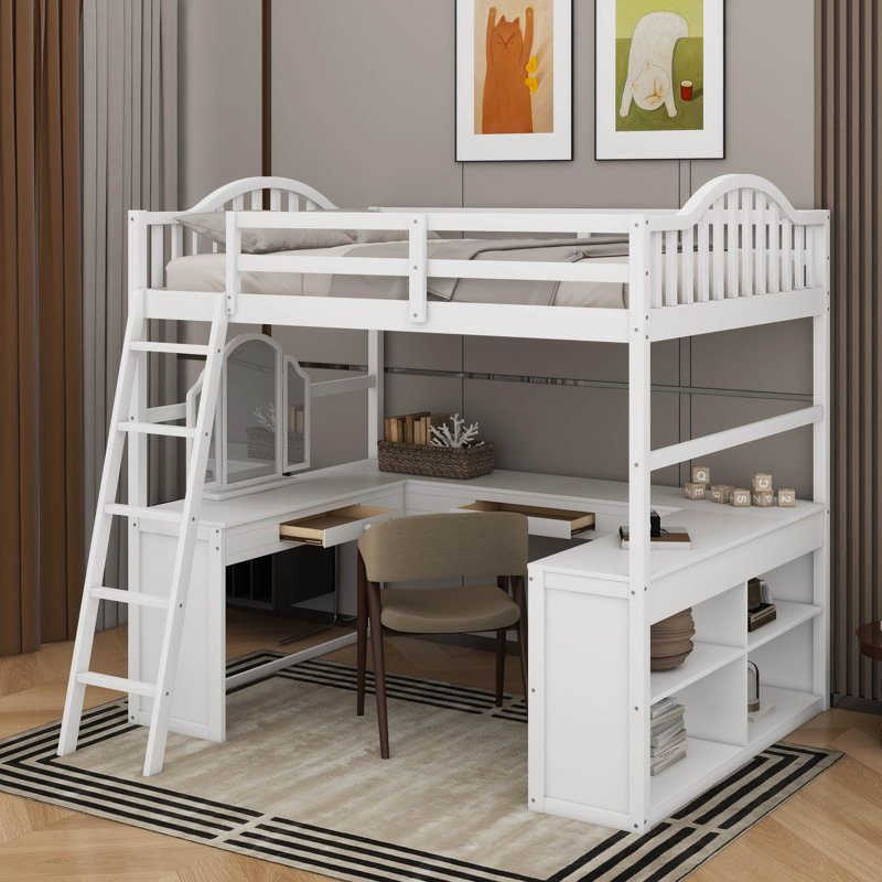 Lit mezzanine double en bois avec bureau