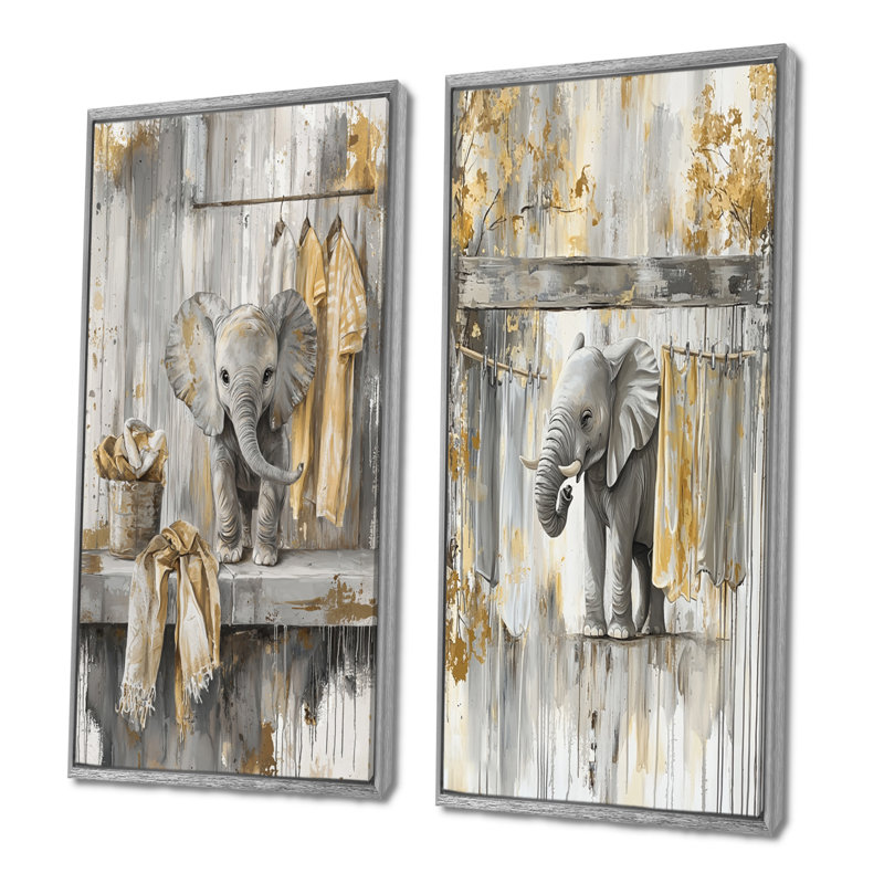 «Gray Elephants Laundry Day I», ensemble de 2 pièces d'art mural, H 32 po x l 32 po, Argent argent, Impression encadrée