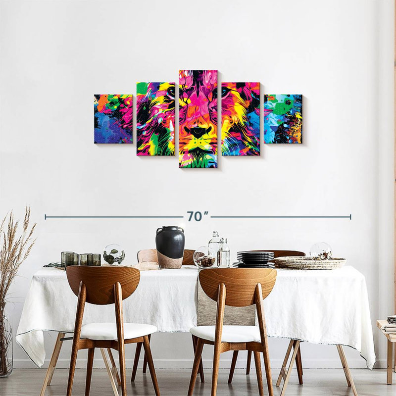 «Lion Abstract Lion Face», ensemble de 5 pièces sur toile, H 24 po x l 55 po x P 1,25 po