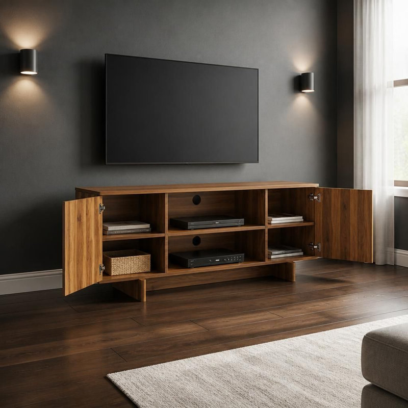 Meuble télé et rangement de style ferme moderne du milieu du siècle – Centre multimédia avec gestion des câbles, portes doubles, étagères ouvertes, compatible avec les téléviseurs jusqu'à 48 pouces, grand espace de rangement