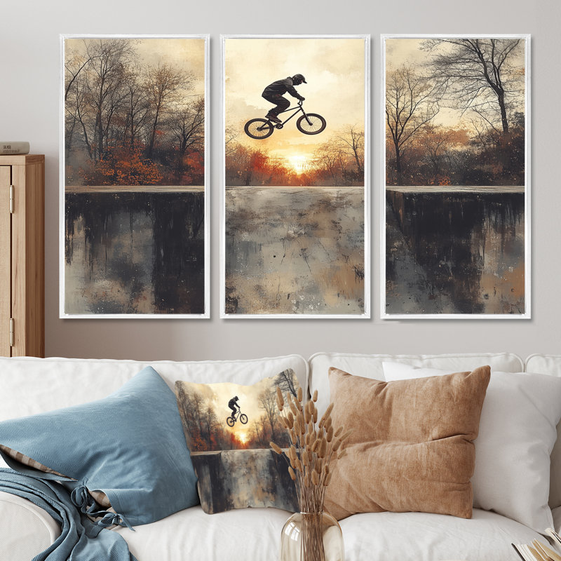 «Black Street Bmx Bike Tricks - Cycling», ensemble d'art mural, Toile encadrée flottée blanche, H 28 po x l 36 po x P 1 po