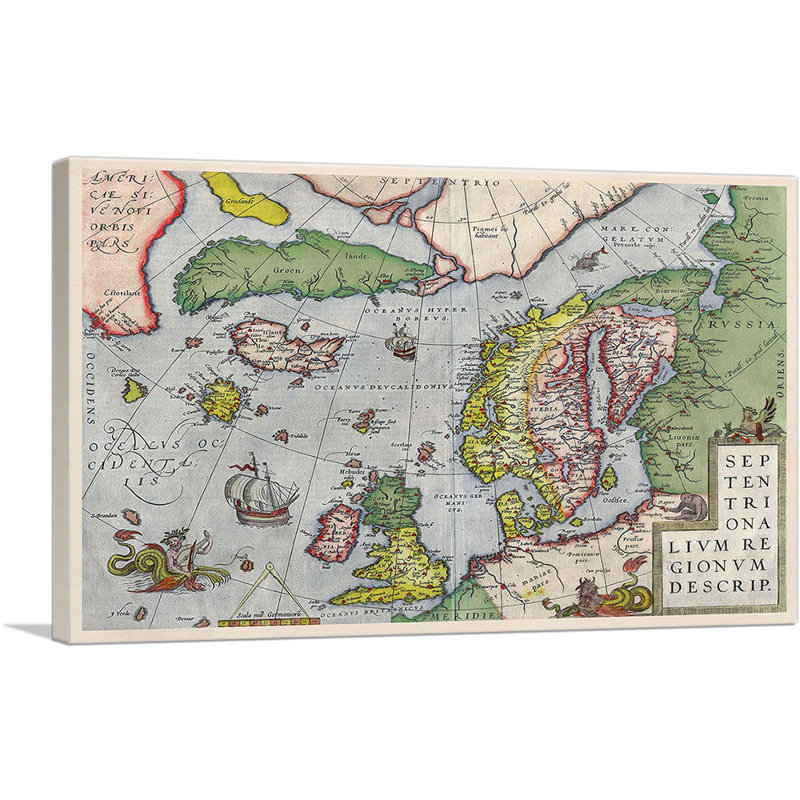 Septentrionalium régionum Descrip 1595 par Abraham Ortelius - impression sur toile tendue, H 18 po x l 26 po x P 0,75 po