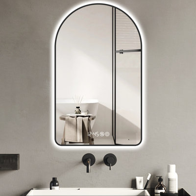 Modern Bathroom Led Mirror 28"X48" Arched, Time & Temp Show, Fog, Variable Brightness, 3 Colours Temperatures, Black Framed Vanity Mirror, Display, Dimmable, Color Frame