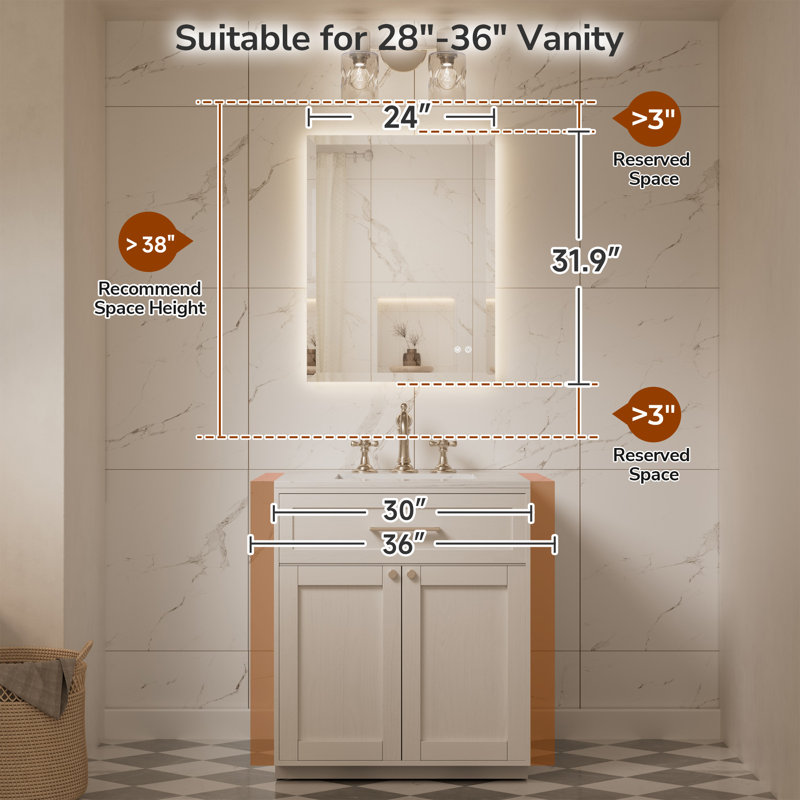 Miroir de salle de bain biseauté à rétroéclairage DEL, 32 po x 24 po