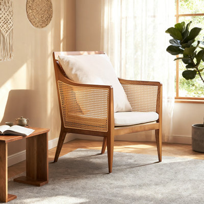 24'' Upholstered Accent Chair With Wooden Legs And Rattan Arms,Mid-Century Armchair for a Bedroom or Living Room