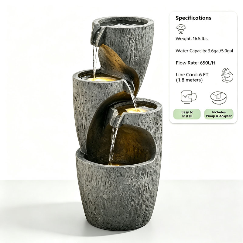28"H 3-Tier Cascading Clay Pot Outdoor Garden Water Fountain with LED Lights