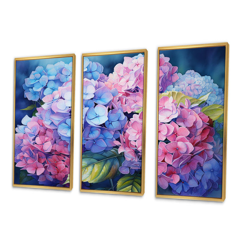 Ensemble d'hortensias muraux roses et mauves, coucher de soleil I, Cadre flottant doré, H 40 po x l 60 po x P 1 po