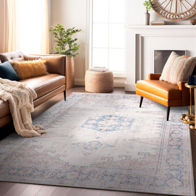 Labarbera Vintage Machine Washable Beige Non-Slip Backing Area Rug