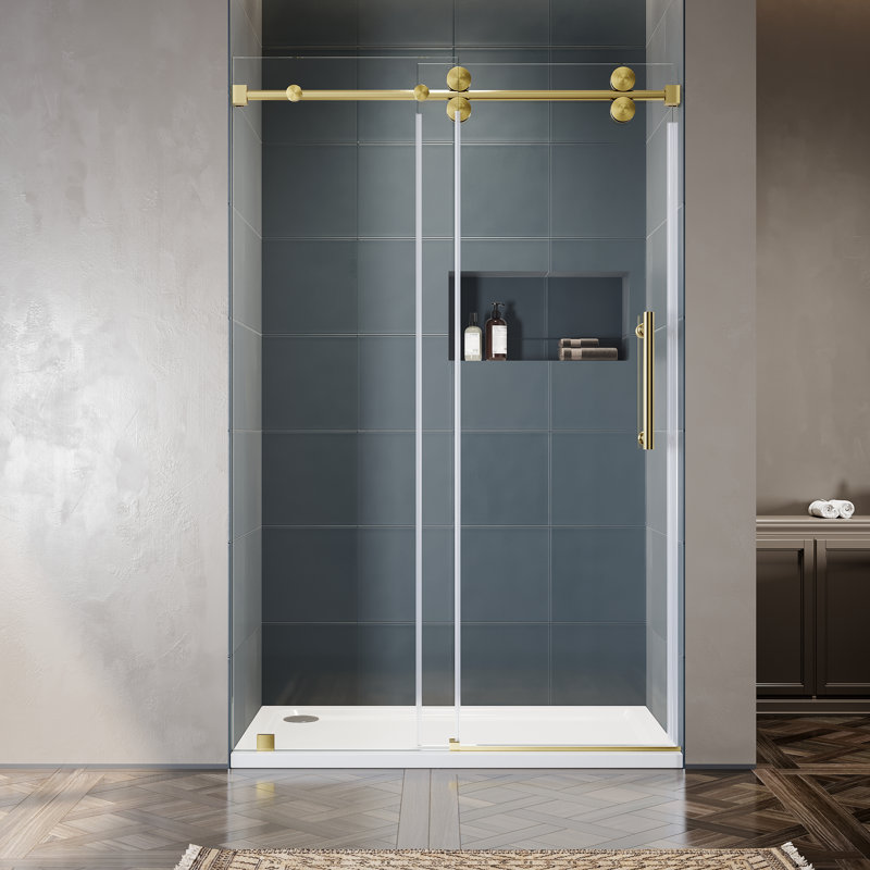 49'' - W x 76'' H Single Added Door Frameless Shower Door with Enduro Easy-Clean Shield, Gold