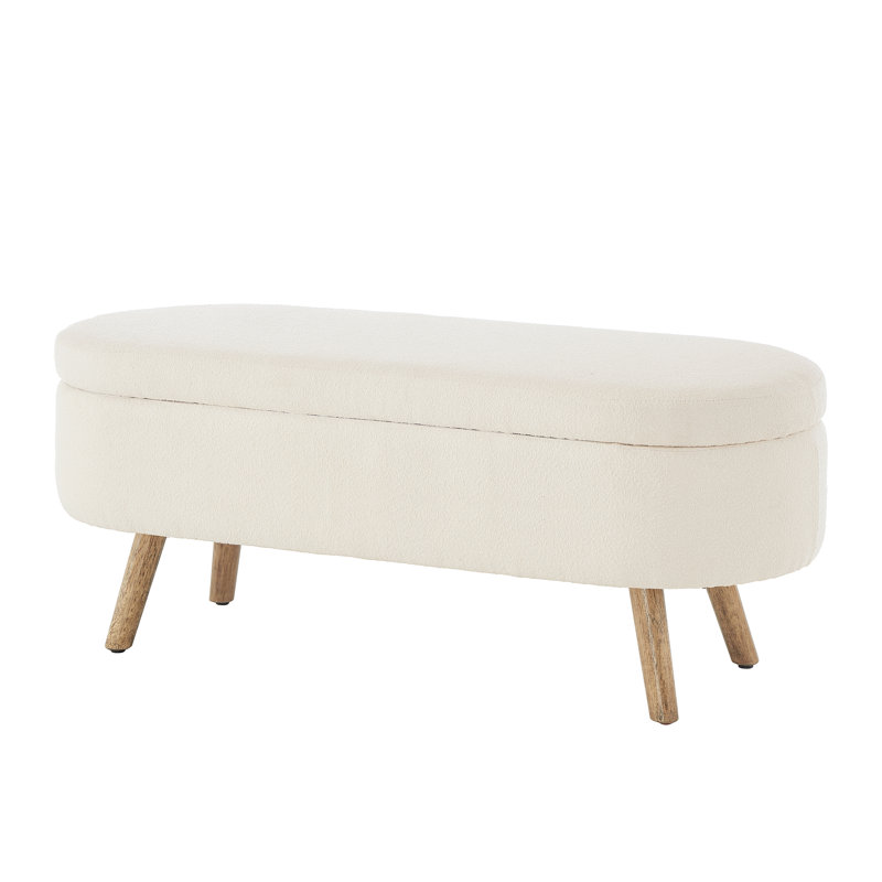 Oval Boucle Storage Ottoman Bench, Luxury Upholstered, Wood Legs, 350lb Capacity, Safety Hinge, Ivory
