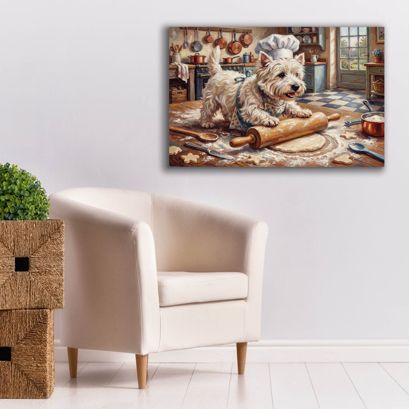  «West Highland White Terrier In The Kitchen» par Rich Monet, art mural sur toile, 40 po x 26 po, H 26 po x l 40 po