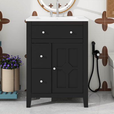 24 Inch Bathroom Basin Cabinet, Modern Design With Ceramic Sink – 2 Drawers + Soft-Closing Door For Small Bathrooms