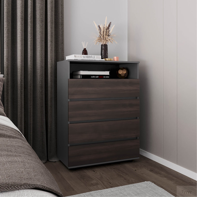 Commode, 4 tiroirs, 1 tablette, gris mat / chêne foncé
