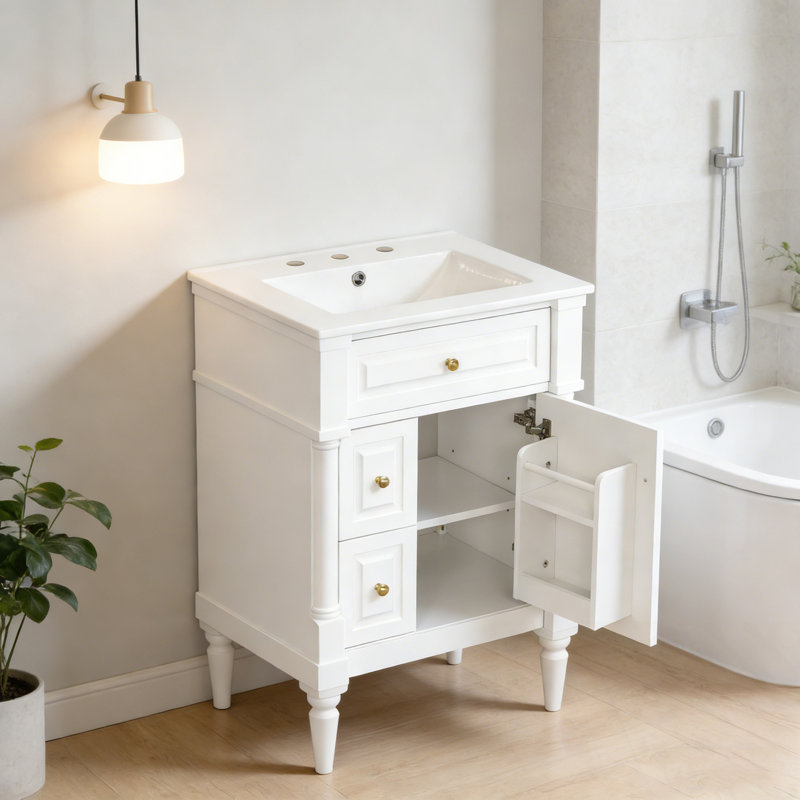 Meuble-lavabo avec lavabo, 2 tiroirs et tablettes de porte, Blanc