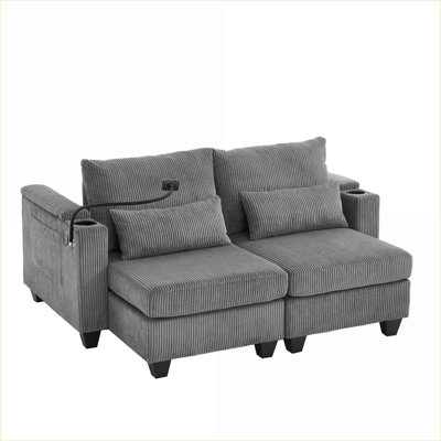 Sofas | Modern 63" Convertible Loveseat Sleeper Chaise with USB &amp; Storage for Living Room Bedroom | Grey | Corduroy