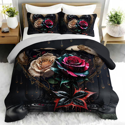 Luxury Heart Rose Comforter Set, Gothic Romance Bedding Set with 2 Pillow Cases, Soft and Machine Washable Bedding, All Seasons Comforter for Room Decor
