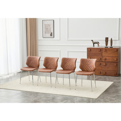Ensemble de 4 chaises de salle à manger en cuir ciré à l'huile brun avec pieds en métal galvanisé, patins réglables antidérapants, chaises de salle à manger rembourrées à dossier haut capitonné (brun, ensemble de 4)