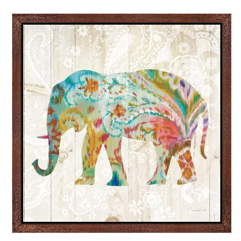 Boho Paisley Elephant II by Danhui Nai - Floater Frame Print on Canvas, Brown Framed